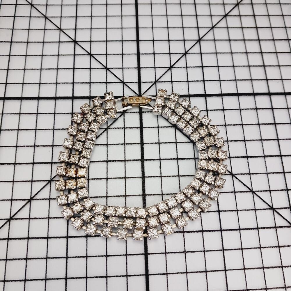 Bracelet VTG Tennis Rhinestone Clear Silver Tone Multi Row Glam Old Hollywood 50
